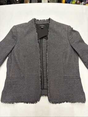 Ann Taylor Gray Tweed Frayed-Trim Open Front Blazer Sz 14